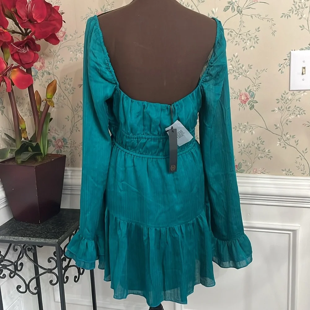 House of Harlow 1960 Teal Long-Sleeve Ruffled Mini Dress - Picture 4 of 7